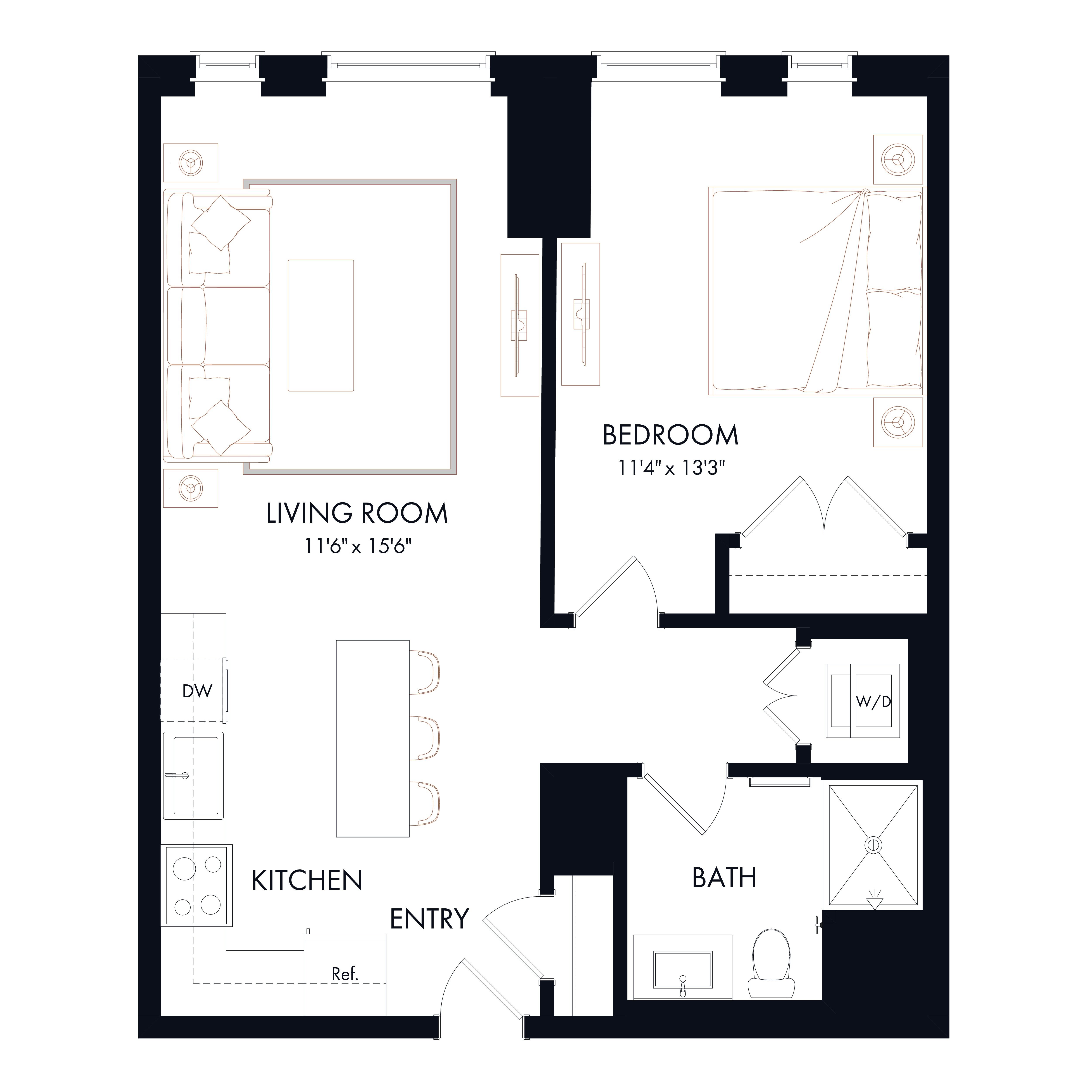 Floor plan layout diagram for A5 | 1 Bed | 1 Bath